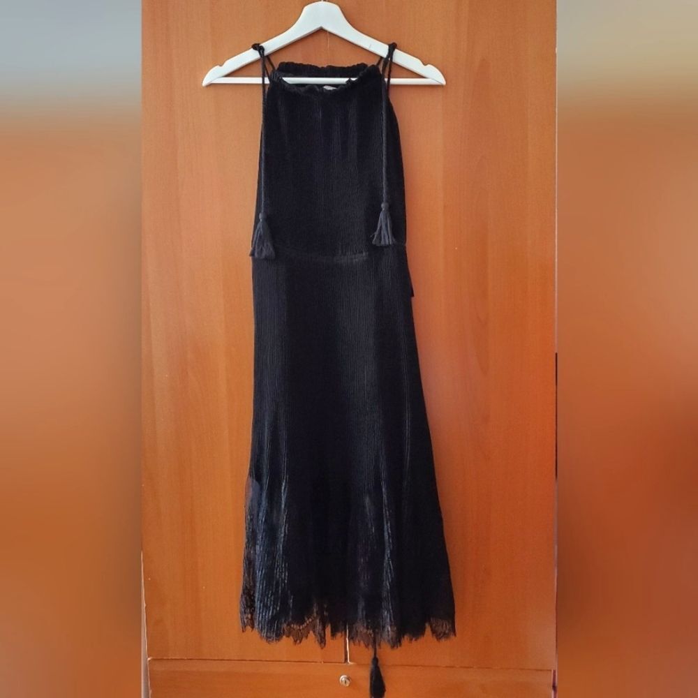 Nanette Lepore Black Lace Hem Pleated Tassel Detail Dress Size 4